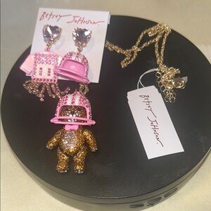 Betsey Johnson Pink and Gold Sparkle Bear Jewelry Set